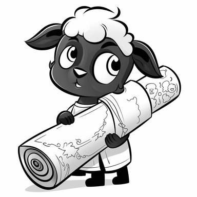 cute black and white clipart of a lamb holding a scroll from the bible, suitable for a childrens book