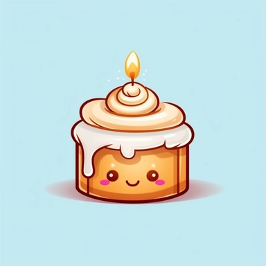 a cute cinnamon roll and white icing dripping down it sides, kawaii style with a candle wick on top. Make it super cute, vibrant colors. Make it into cliparts and vectors.