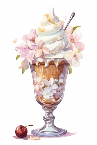 picturesque, a bright almond sundae, clipart on white background, watercolor style, spring vibes, detailing in pastel colors, high quality, painted by Beatrix Potter, 8k