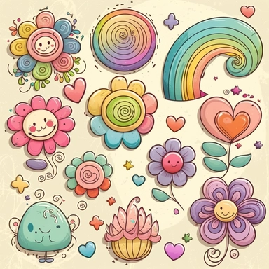 Quirky Whimsical Magical flower Clipart Cartoon Blossoms, Pastel rainbow loops, hooks, hearts, stars, doodles swirls, silk Decorative buttons, illustration, painting, watercolor, cartoon, kawaii chibi texture –tile –v 3