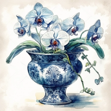 Beautiful vivid realistic watercolor blue orchids, in elegant fancy flower vase, soft, isolated white background, clipart, hd quality, illuminated with the sun’s ray’s