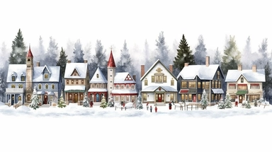 Christmas village, clip art, magical, enchanting, wreaths, snow-covered streets, colorful houses, sparkling, charming, detailed, festive, ornate, traditional, whimsical, Christmastide, Michael Powell style, white background