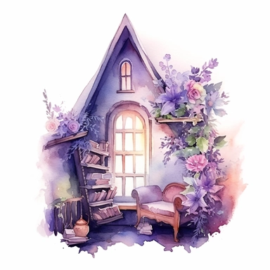 A fairytale style attic corner with watercolor effect,suitable for digital clipart,white background,magical flowers,magical scene,fairy vibrant colors,pink,purple,lavender,soft details