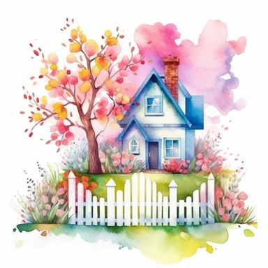 clipart, isolated on white background, beautiful cute Watercolor Spring Cottage - cute little house with fence and chimney, tree and flowers, ornated, vivid and saturated colors