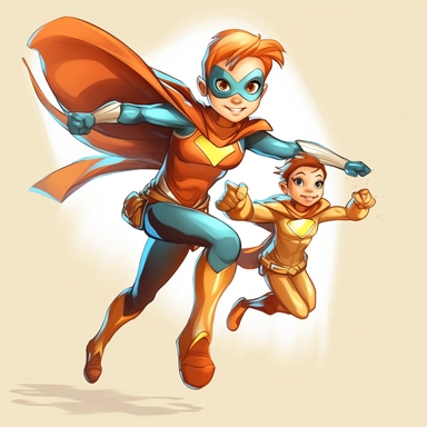 a comic-style, clipart image (floating image), full body image of a mother and child duo where the child is the superhero's sidekick, wearing super suits