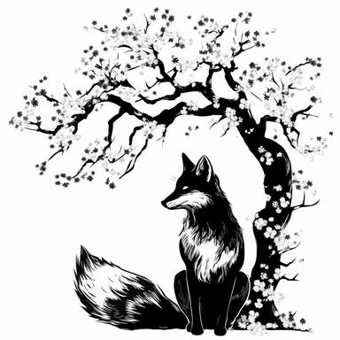 black and white fox with black and white cherry blossom clipart
