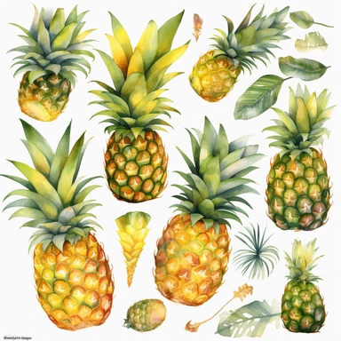 Vibrant watercolor pineapple clipart set, featuring 20 tropical and juicy pineapple fruit images with a hand-painted look, rich hues of yellow and green, soft texture, realistic details, subtle splashes, perfect for digital art, stationery, and invitations. White background, no shadows, single style.