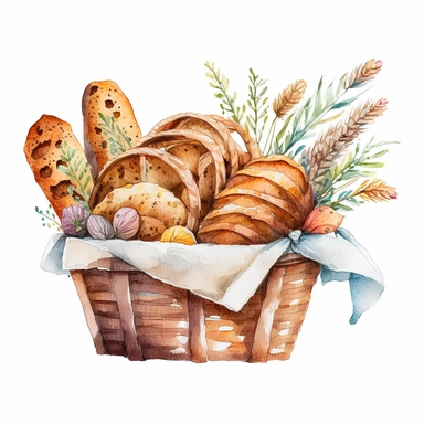 basket of artisan bakery bread, watercolor, cute, white background, clipart