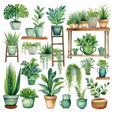 Watercolor House Plants Clipart. Indoor Plants Planner Elements. Monstera, Cactus Scrapbooking. Boho Home Decor Clipart. Home Green Garden.