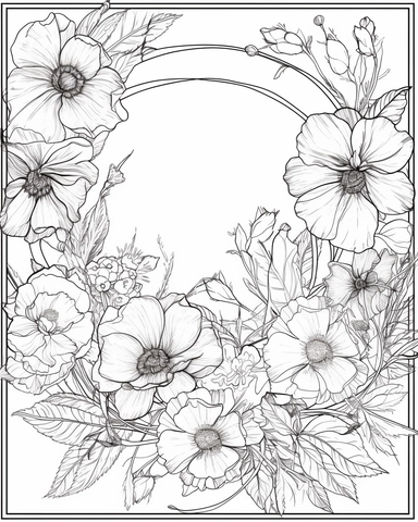 Double line rectangular wireframe contour lines in black, floral clipart attached to frame on the outer perimeter, white background