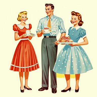 Vintage Illustration, A family of three members, one man, one woman, and a children about 15 years old, A lady with a cup of black tea in her hand, cheesy 50s vintage clipart image by cynthia flanders, in the style of traditional costumes, photomontage, Full body view, whitcomb-girls, light indigo, gigantic scale, romanticized femininity, contrasting 8k