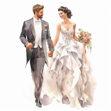 A delightful scene depicting the newlywed couple walking hand in hand, overflowing with happiness and love. The bride, adorned in her exquisite white gown, and the groom, looking dapper in his elegant suit, take confident steps forward, their smiles radiating pure bliss. joy and excitement. Watercolor clipart, white background, intricate details, HYPER-realistic