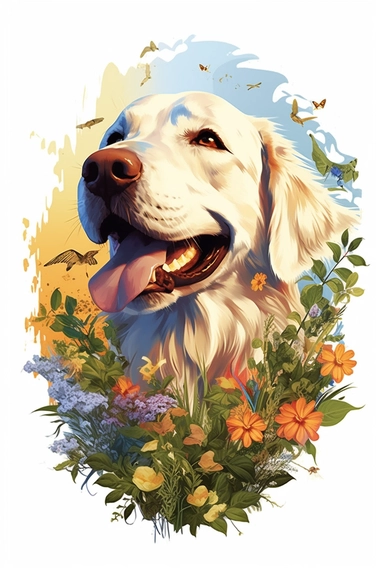 white background, dog, 3d, super closeup, sticker, photorealistic, artwork of t shirt graphic of majestic forest, in digital painting style , beautiful flowers, sunset mountains and clouds , big vines, plants sorround, highly detailed clean, vector image,