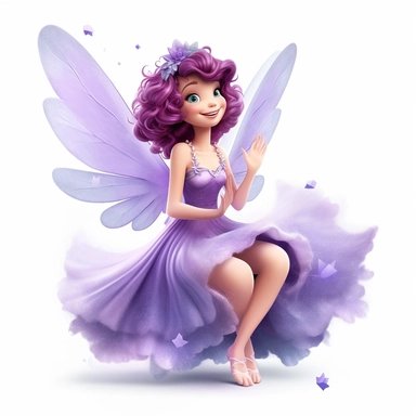 a beautiful smiling fairy sitting on a cloud, purple dress, big wings, full body image, pixar style, clipart, white background