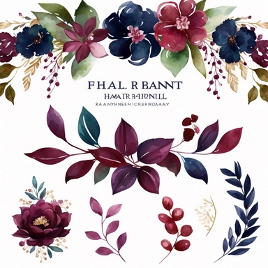 Burgundy Navy Watercolor Elegant Floral Clipart banner, Watercolor Flowers in the style of clipart banner. Burgundy Navy flowers clipart. white background