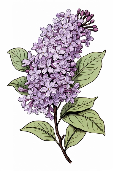 line drawing clipart of a single lilac in black and white, coloured in