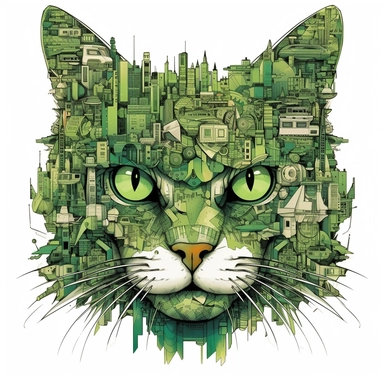 cat, collage quirky cool collage city, Felis catus clipart, Green eyes, white contour, detailed, clean line, hd, on white background, spaced out