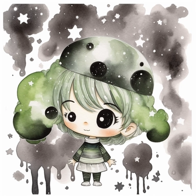 watercolor funny create kawaii marbled black ,silver, green chibi school spirit clipart, isolated on white background,space out--ar3:2--s1000