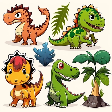 Create a set of 2D dinosaur clipart images featuring suitable for children's educational and entertainment materials. The images should be in a fun, cartoon style that is easy for children to understand and appreciate, with bright and playful colors that are appealing to kids. Please ensure that each species is easily distinguishable and recognizable. The background of the image should be white, and there should be no shadow, landscape, trees, flowers, leaves, plants, or text in the image