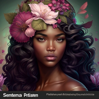 beautiful brown skinned, melanin, an clipart by Artgerm, featured on deviantart, full head shot including hair, fantasy art, copic marker, a full head of pretty lady who looks like a model wearing a hat adorned with flowers, long wavy black hair, beautiful eyes, beautiful lips, one subject, wearing ornate dress with pink floral settings, highly detailed, 8 k, cinematic, sharp focus, masterpiece, white background, wearing pink dress