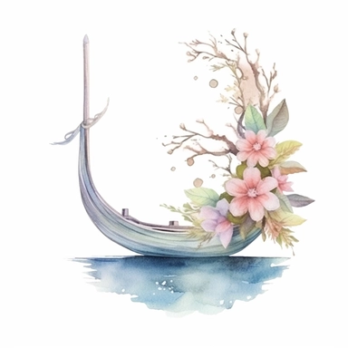 clipart, isolated on white background, Watercolor spring fairy and flowers and branches and grass and leaves, moon and boat, ornated, pastel colors