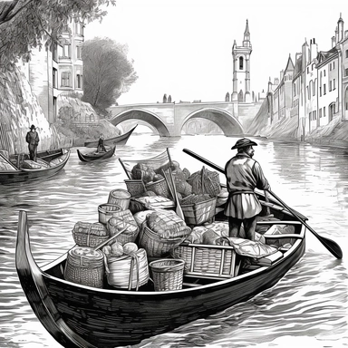 A 1700s lighterman rowing a full boat of supplies on a busy river Thames. black and white clipart drawing style, realistic