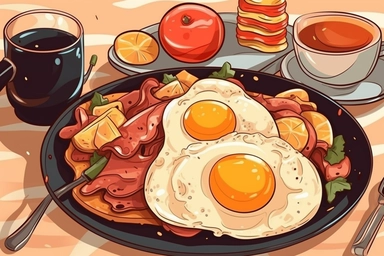 American traditional breakfast with popular products closeup delicious fried egg with bacon and pepper vector hand drawn clipart isolated on background cute illustration concept of meal food