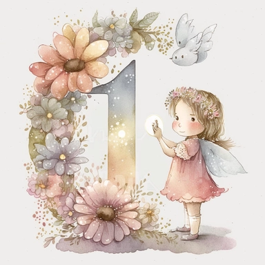 cute fairy and the Number 1, flowers, sparkles, cute, joy, watercolour, clipart