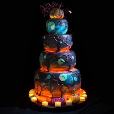 Interactive halloween cake, 5-tier, spherical design, each tier representing a celestial body in the couple's unique layer, hand-painted with edible luminescent colors, creating an ethereal glow in dim lighting, a motorized, food-safe mechanism enabling the tiers to rotate slowly, decorated with sugar constellations depicting the couple's love story, an embedded touchscreen interface allowing guests to explore the cake's design, and a built-in, synchronized light and sound show that activates wh
