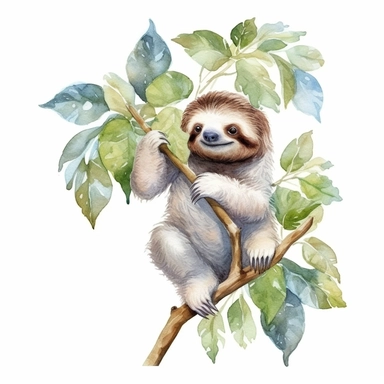 watercolor clipart, white background, charming cute and adorable perfect sloth hanging from a tree branch, perfect for stickers, perfect for print on demand