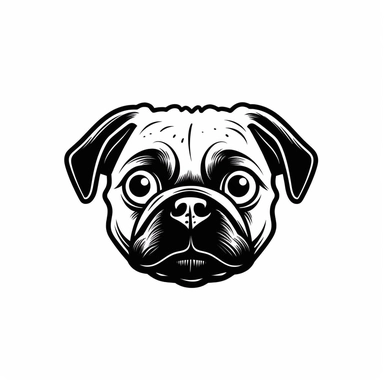 Simple outline of a front - facing crooked head happy Pug dog head peeking with front paws, cute clipart, flat 2d vector, minimalist, black and white, kids cartoon, svg cut file, line art drawing, white isolated background