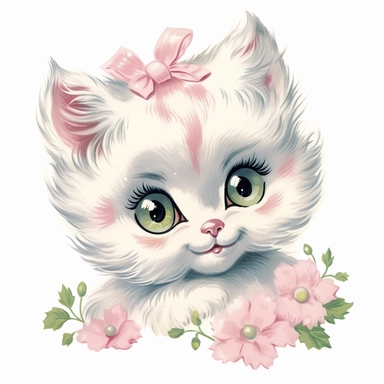 vintage Hand painted clipart of a pastel kitten with long eyelashes and rosy cheeks, playful and animated, in the style of vintage nursery kitsch Lefton, retro midcentury 1950’s, white background, contour
