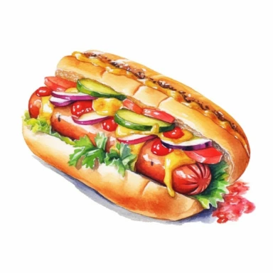 an enchanting watercolor, hyper-realistic clipart image with a white background and white margins, featuring a classic hot dog with a soft bun, ketchup, mustard, and relish. The ultra-detailed, hand-drawn elements capture the vibrant colors and textures of the toppings. Use whimsical touches to add a touch of nostalgia, and bold shades of red, yellow, and green to evoke the mouthwatering and savory nature of this iconic street food
