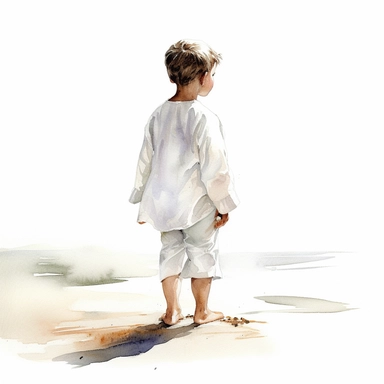charming, beautifull little boy in white clothes stand on the beach, watercolor by mary whyte, romantism, clear line, white solid background, clipart, side or back view