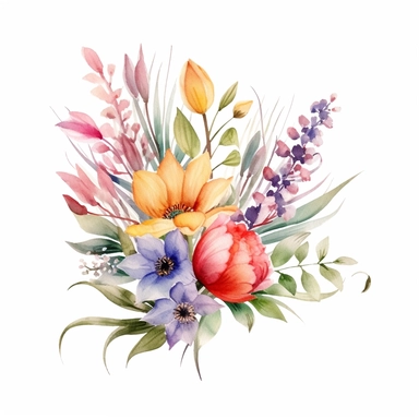 watercolor spring flower group for corner of invitation, clipart isolated on clear white background, soft colors, boho, lithograph, 32k uhd, textural