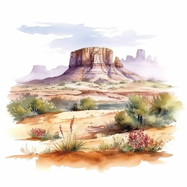 Hyperrealistic watercolor mesa and butte clipart in desert with some small shrubs in sight