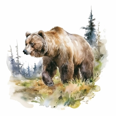 a detailed watercolor painting of a Grizzly Bear in the wild, clipart, white background