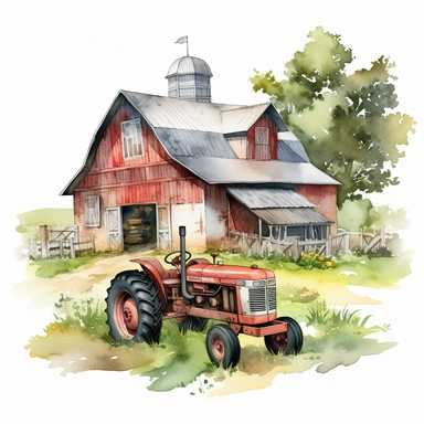 Make a clipart of a watercolor painting of a farm with barn animals and a tractor. no background