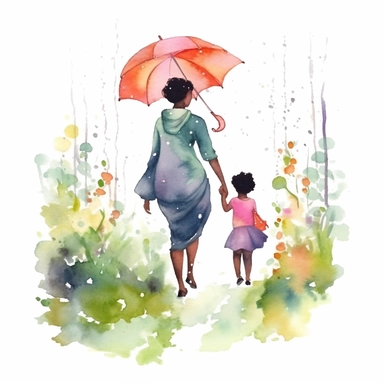 Black Mom and Me Watercolor, Clipart, High Res, Mother's Day, Mother's Love, waterpaint, fresh colors, happy, white backgroundm, simplified Art Nouveau, walking, enchanted forest, front to camera, version 4 style, high detailed, sharp