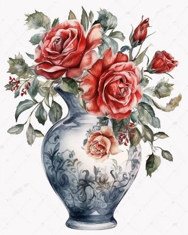 Watercolor clipart of a vase with red roses , isolated from solid white background, 8k, intricate details, boardwalk colors