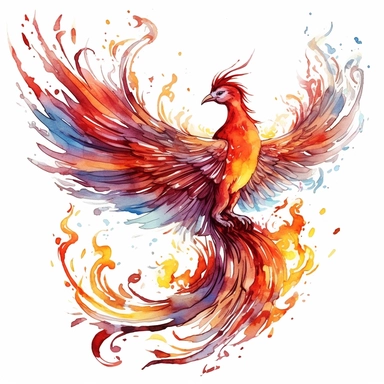 drawn illustration of a phoenix with fire, clip art, watercolor, digital art, HD, white background, clean line art