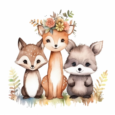 Cute baby fox, deer animal nursery rabbit and bear isolated illustration for children. Watercolor boho forest drawing, watercolour, hedgehog image Perfect for nursery posterscartoon watercolor clipart in white background detailed, hyper quality, 16K, unreal engine, isolated on white background,