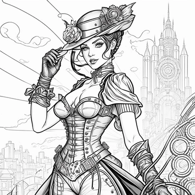 steampunk girl in hat, smile, full body perspective, full body view, proportional hands, five fingers, beautiful hands, steampunk city in the background, league of legend style , black and white, line art, coloring page, printable, thin lines, no details, no shadow, crisp lines, illustration, vector, clipart ar 4:2
