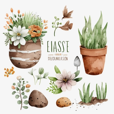 easter rustic decor garden watercolor clipart on white background, brown green terracotta orange wood white grey