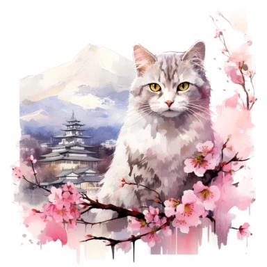 Watercolor Cute Ragdoll Cat sitting at her back in a wide window, and watching Mount Fuji in Japan, Chureito Pagoda and Spring cherry blossoms, lake reflection of everything, architecture of houses, cherry blossoms, pink leaves flying in the air, By Yuzo Komori. Clipart, clean line, on white background, spaced out, with enough space around.
