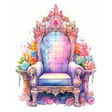 Make a clipart of a beautiful princess's throne, give it lots of jewels and roses for accents, use bright pastel rainbow colors, watercolor style, white background