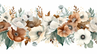 anemone flower print, watercolor floral ornament download, flowers collection and clipart, in the style of light emerald and dark beige, elaborate borders, light gray and amber, colorful arrangements, 3840x2160, light white and brown, luxurious fabrics, white background