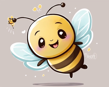 , cute smiling vector bee drawing for clipart, image is on a white background, bee is the focal point hovering above a rose, he is flying through the air by himself, nursery watercolor, in the style of watercolor painting, white background, charming anime characters, cute and colorful, depiction of animals, high quality