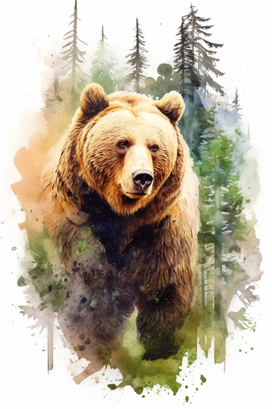 Watercolor brown bear and forest, nature, very vivid colors, highly detailed drawing, white background, clipart, colorful, highly detailed, HD