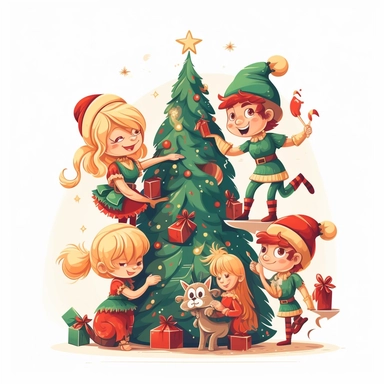 clipart digital svg cartoon of elves decorating the Christmas tree with the family, on a whte background no shadow